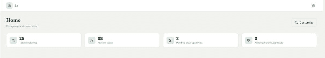 ZoHCM home dashboard showing total employees, attendance and pending approvals